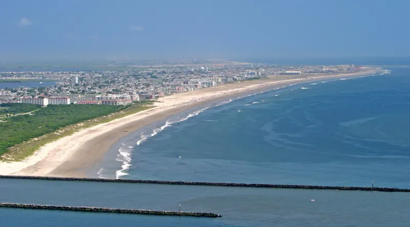 Aerial view of the wide sandy beach and coastline of Wildwood Crest