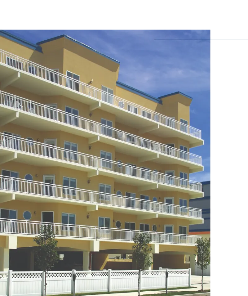 The BeachCrest Condominiums building with its rows of balconies