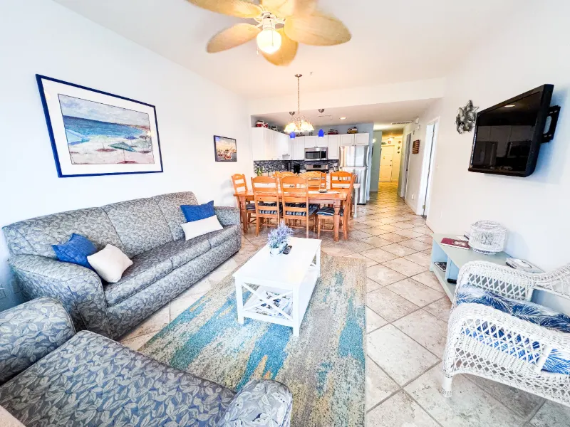 Papillon condo: living room blue sofas