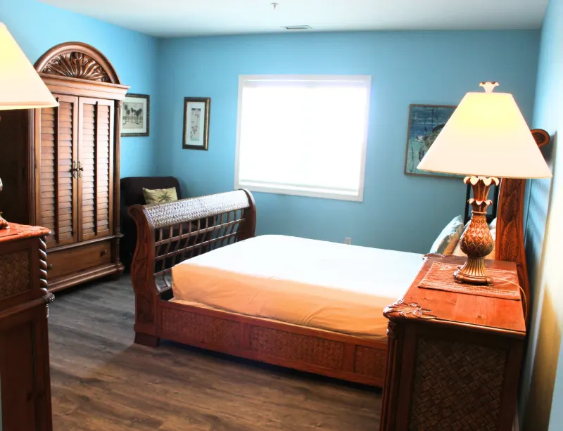 Vista View Penthouse: bedroom sleigh bed blue walls