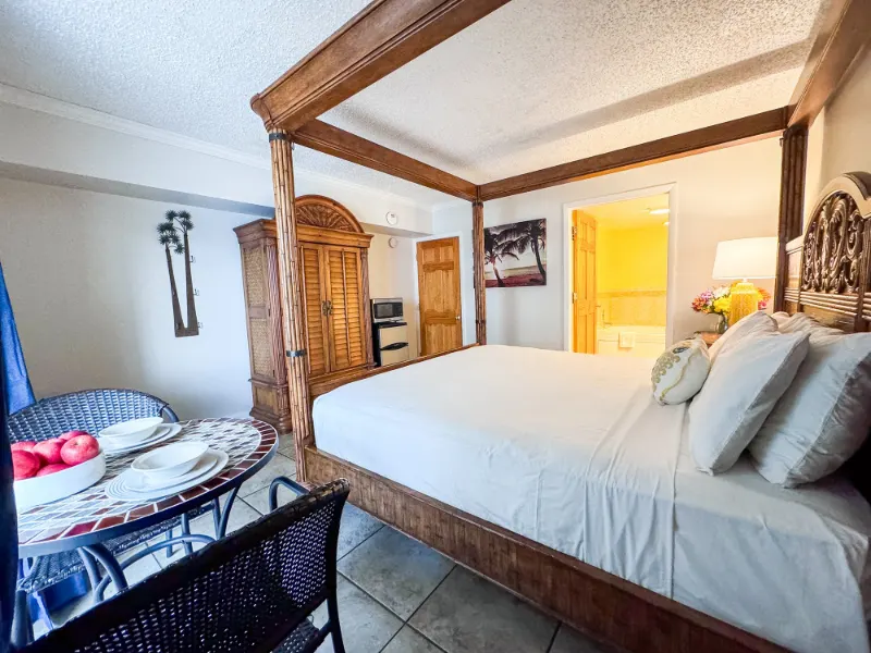 Bimini canopy bed and bistro table