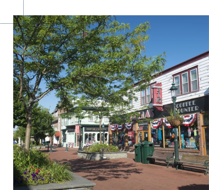 Victorian storefronts and shade trees on a pedestrian street in Cape May